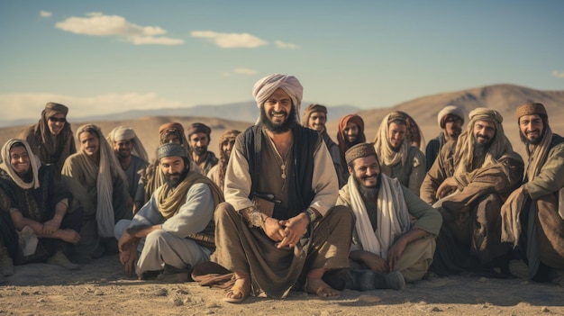 I musulmani persiani sono seduti nel deserto e sorridono.