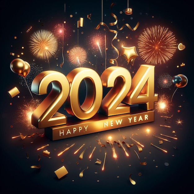 I numeri 3D dorati brillano in questo disegno di Happy New Year 2024