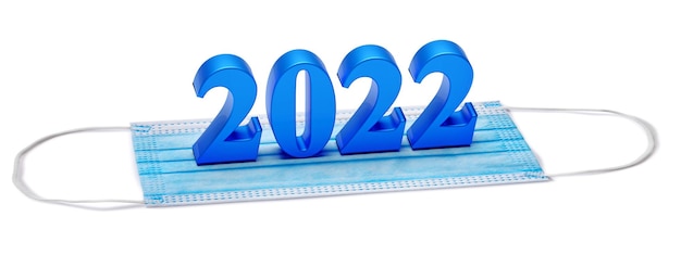I numeri del nuovo anno 2022 si trovano sulla maschera medica. Concetto. rendering 3d