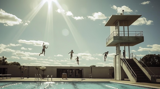 I nuotatori salgono a grandi altezze su un imponente trampolino di tuffo prima di lanciarsi nelle acque blu profonde sottostanti generate dall'IA