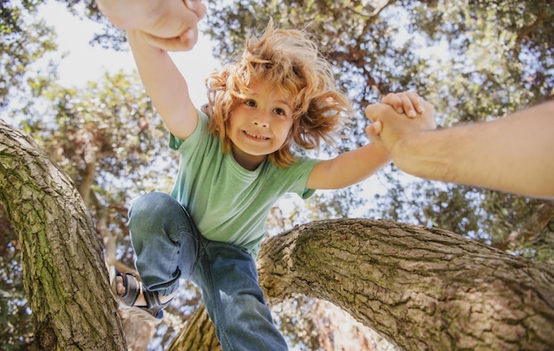 I padri consegnano un padre che aiuta suo figlio a scendere dal ramo di un albero