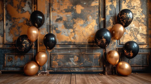 I palloncini dorati e neri creano uno spazio di copia per la decorazione di un evento mozzafiato