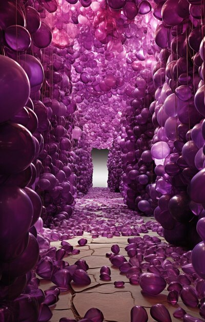 I palloncini viola sono disposti in un tunnel di una stanza generativa ai