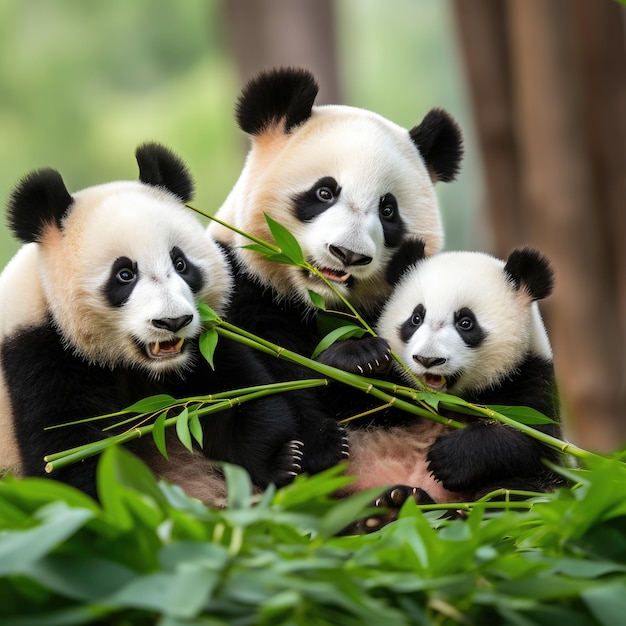 I panda si godono una festa di bambù nel loro habitat naturale