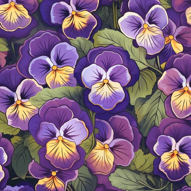 I pansy viola e gialli sono in un campo di foglie verdi generative ai