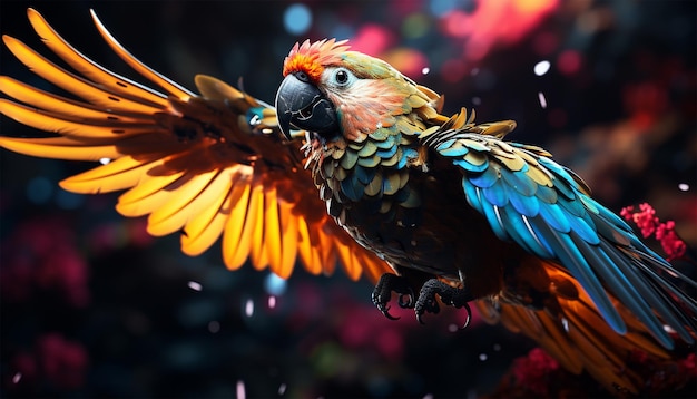 I pappagalli colorati volano nella giungla i colori al neon gradiente blu e giallo l'ara Ararauna sud