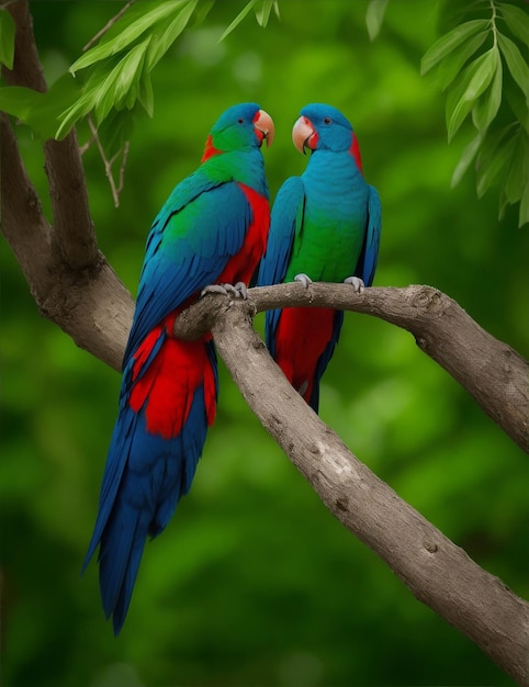 I pappagalli eclectus delle Molucche si accoppiano sul ramo dell'albero