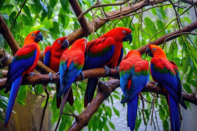 I pappagalli Eclectus mostrano i loro colori vivaci in un albero creato con l'AI generativa