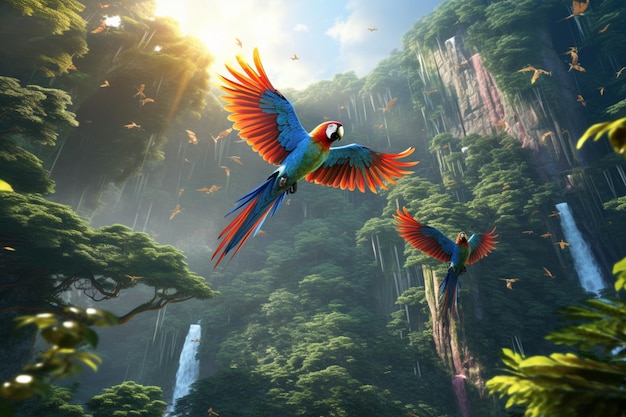 I pappagalli macaw che volano in una foresta con un ambiente tropicale colorato sono illustrati