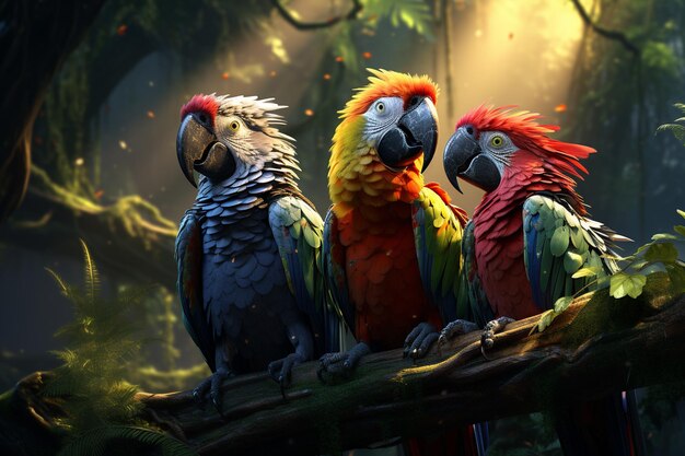 I pappagalli macaw colorati seduti su un ramo della foresta