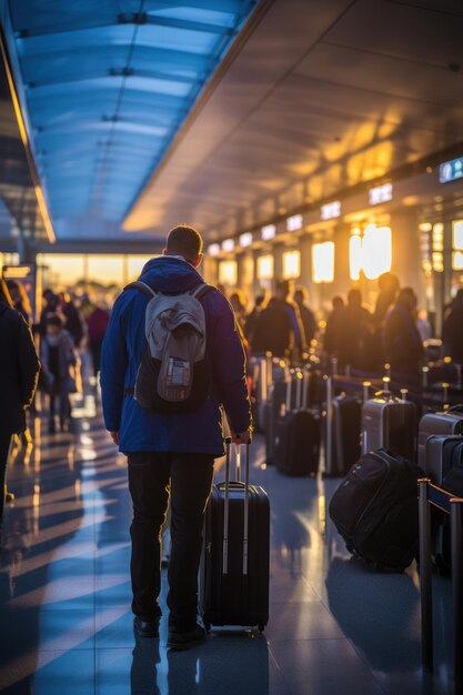 I passeggeri trasportano i bagagli per effettuare il check-in in aeroporto generativo ai