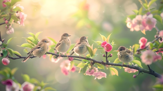 I passeri appoggiati su un ramo in fiore in primavera che simboleggia il rinnovamento Scena naturale serena perfetta per contenuti e disegni pacifici Cattura la tranquillità e la bellezza nella natura AI