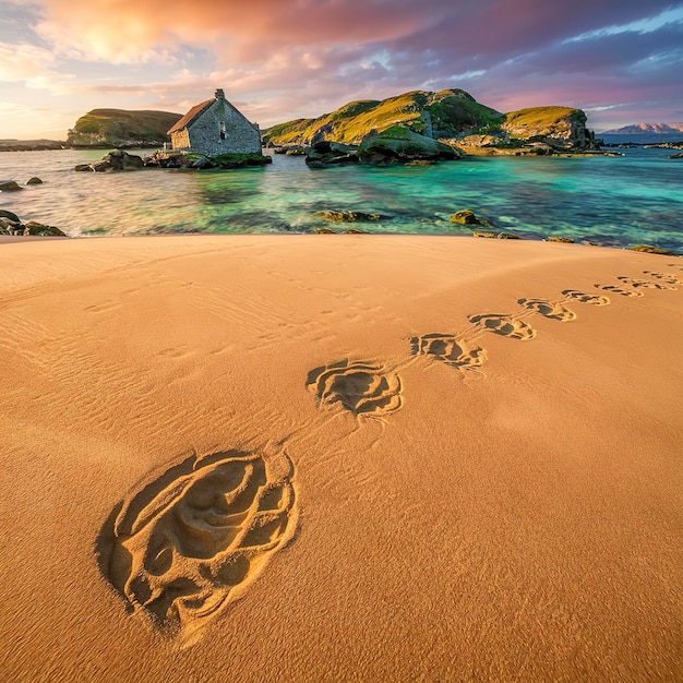 I passi sulla sabbia che attraversano le Isole Ebridi esterne della Scozia
