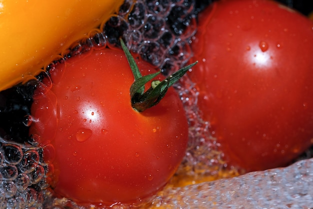 I peperoni multicolori e i pomodori rossi maturi vengono lavati in macrofotografia ravvicinata con acqua pulita su sfondo nero
