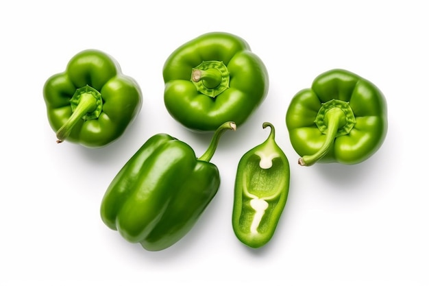 I peperoni verdi sono mostrati su uno sfondo bianco.