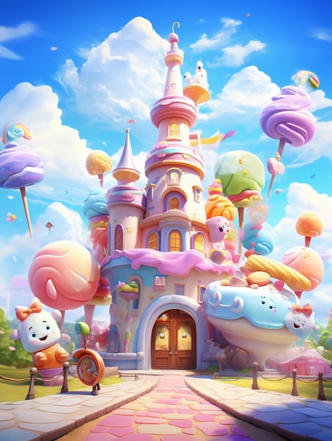 I personaggi dei cartoni animati sono in piedi di fronte a un castello con candy land generative ai