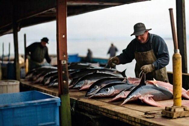 I pescatori di tonno rosso scaricano il pescato fresco al mercato del molo