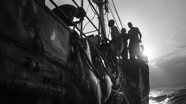 I pescatori trascinano la loro pesca all'alba i loro volti induriti da anni di fatica in mare aperto