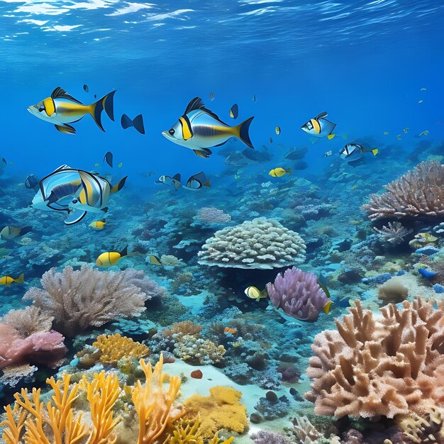 I pesci della barriera corallina subacquea nuotano in acque tropicali blu