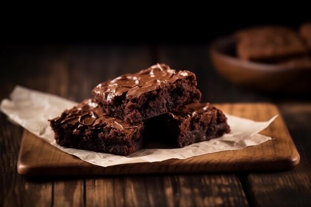 I pezzi quadrati di brownie tagliano le fette sul tavolo di legno con il mix di noci generativo ai