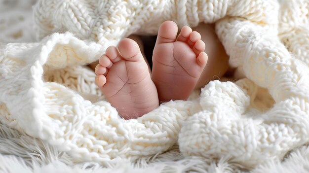 I piedi del neonato accoglienti e pacifici avvolti in una morbida coperta bianca Sentono il tocco dell'innocenza e la nuova vita inizia Perfetto per album familiari e pubblicità AI