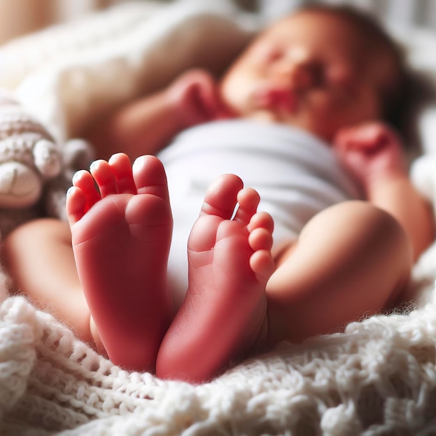 I piedi del neonato su una coperta bianca