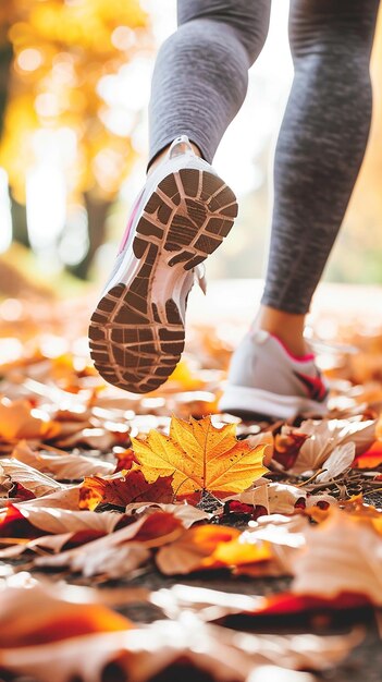 I piedi di una donna che corre nella foglia d'autunno