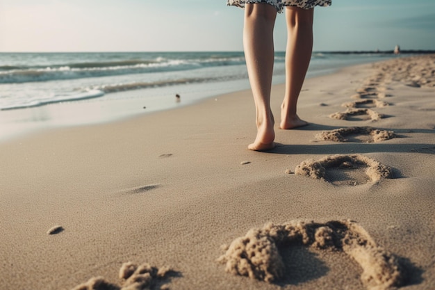 I piedi di una persona in infradito che camminano su una spiaggia sabbiosa che rappresenta l'estate e le vacanze