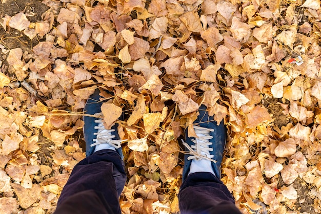 I piedi di una persona in piedi sulle foglie autunnali arancioni e gialle a terra