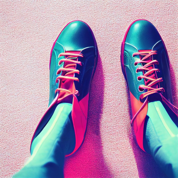 I piedi in scarpe sportive da ginnastica in pelle si chiudono sulla vista dall'alto d rendono l'illustrazione digitale