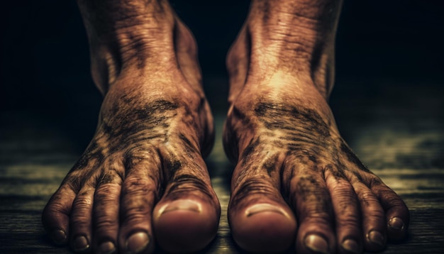 I piedi sporchi di un uomo con le mani sporche.