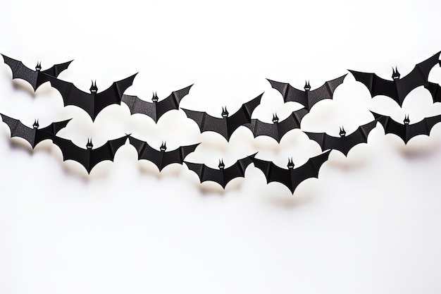 I pipistrelli di carta nera che volano su uno sfondo bianco che raffigura il concetto di Halloween e decorazione