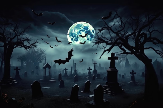I pipistrelli nel cimitero di notte, la foresta e la luna, l'orrore e la paura di Halloween.