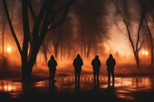 I piromani che danno fuoco alla foresta al tramonto il fumo e il fuoco diventano più grandi e più alti