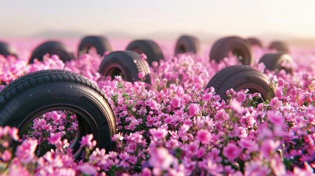 I pneumatici delle auto posizionati in modo creativo in un campo di fiori rosa in fiore