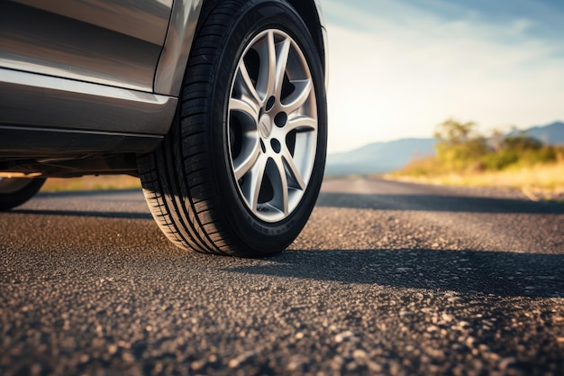 I pneumatici per auto sono situati su una superficie di una strada