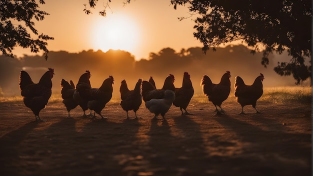 i polli camminano al tramonto