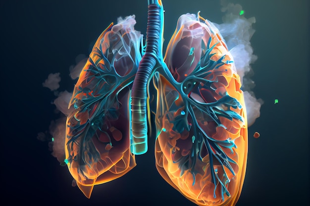I polmoni fumosi di un fumatore su uno sfondo scuro isolano il concetto medico illustrazione 3D AI generativa