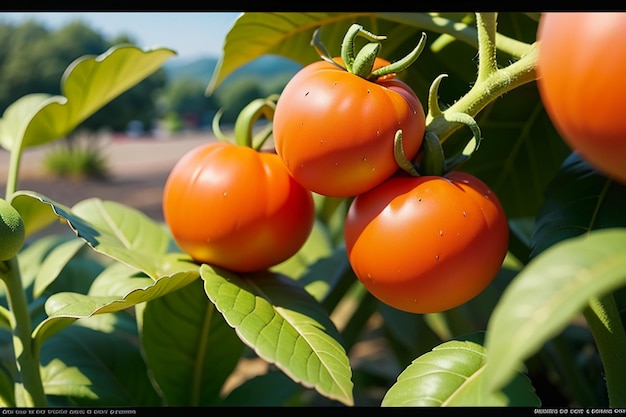 I pomodori rossi maturi sono persone che amano mangiare deliziosi prodotti agricoli verdi e biologici di frutta vegetale