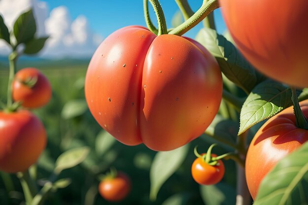 I pomodori rossi maturi sono persone che amano mangiare deliziosi prodotti agricoli verdi e biologici di frutta vegetale