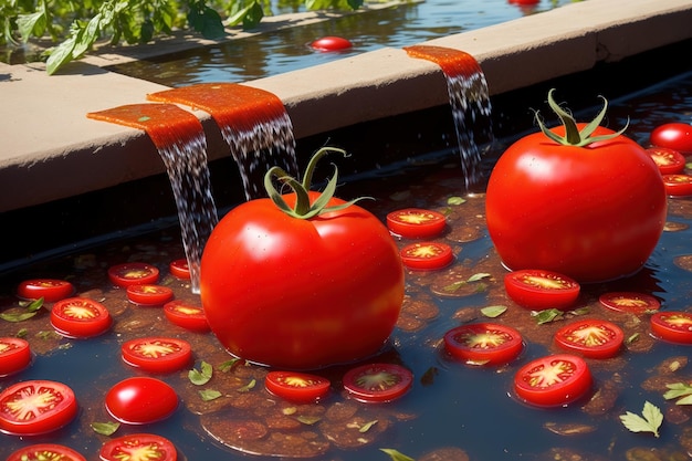 I pomodori sono in una fontana e sono nell'acqua.