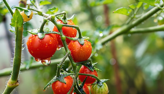 I pomodorini maturano sulla vite in un giardino