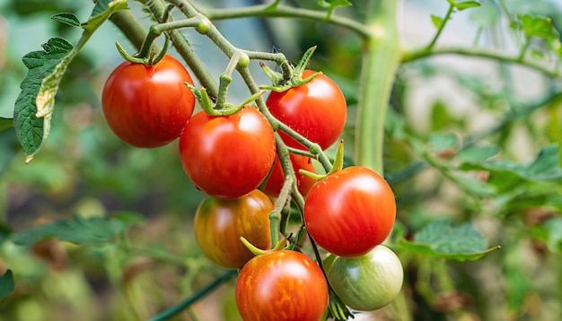 I pomodorini maturano sulla vite in un giardino