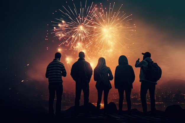 I popoli in silhouette amano guardare lo spettacolo di fuochi d'artificio in una festa o in una festa