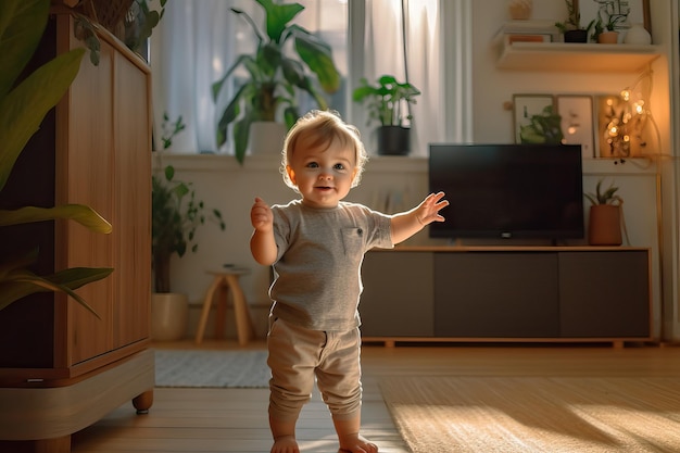 I primi passi del bambino Bambino di razza mista che impara a camminare Bambino di casa moderna del soggiorno che impara la strada