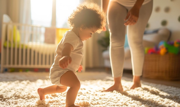 I primi passi gioiosi dei bambini con il sostegno dei genitori a casa