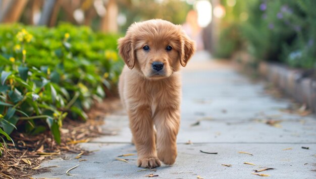 I primi passi un adorabile cucciolo di Golden Retriever sul marciapiede