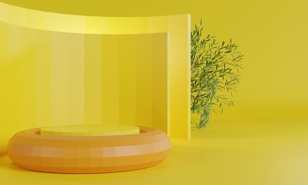 i prodotti di sfondo 3d mostrano la scena del podio con il supporto geometrico della piattaforma a foglia verde per mostrare il prodotto cosmetico vetrina sul piedistallo display giallo studio 3d rendering