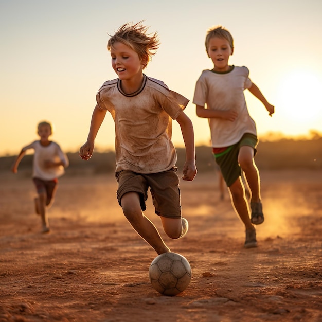 I ragazzi giocano a calcio divertendosi al tramonto