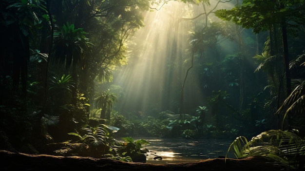 I raggi del sole della foresta pluviale oscura attraverso la ricca giungla degli alberi